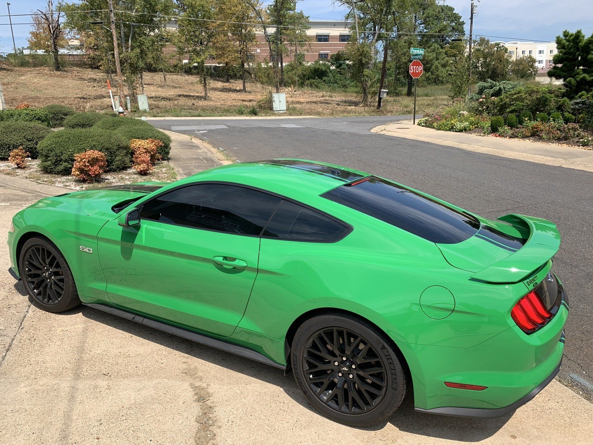 Green Ford Mustang parked on a paved road with black rims, tinted windows, and a rear spoiler.