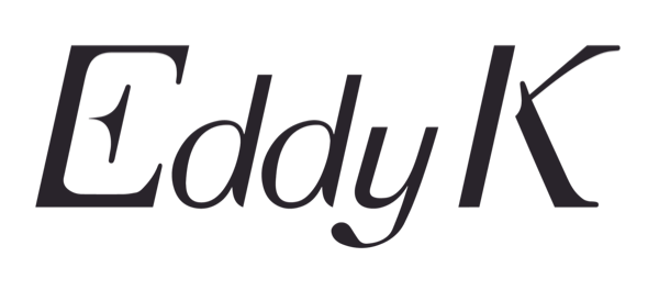 A black and white logo for eddy k on a white background.