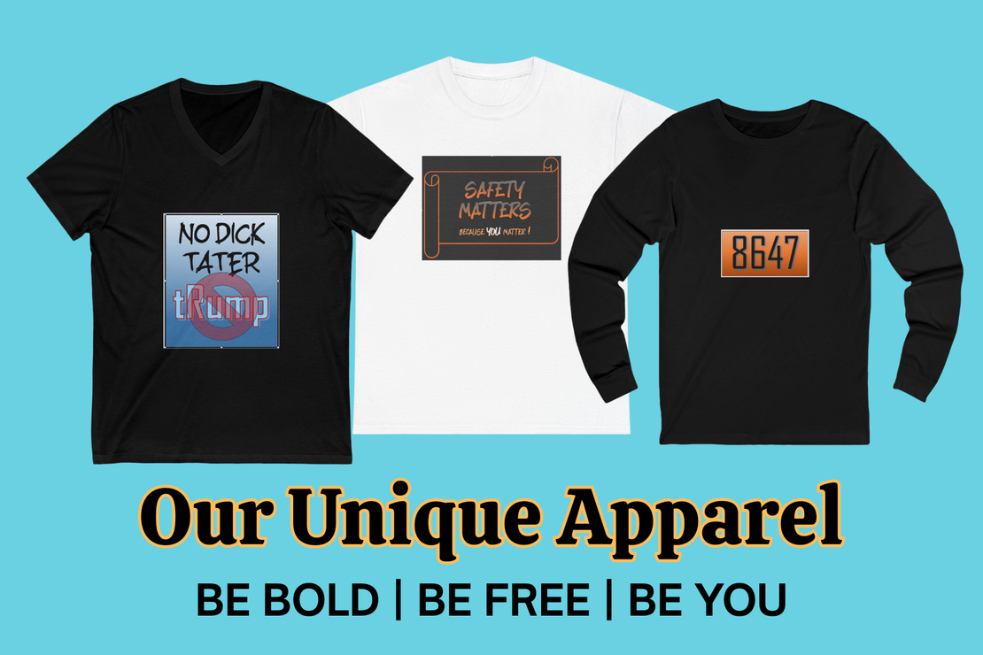 Three shirts displayed. Black with No Dick Tater and White with Safety Matters and Black with Numbers.