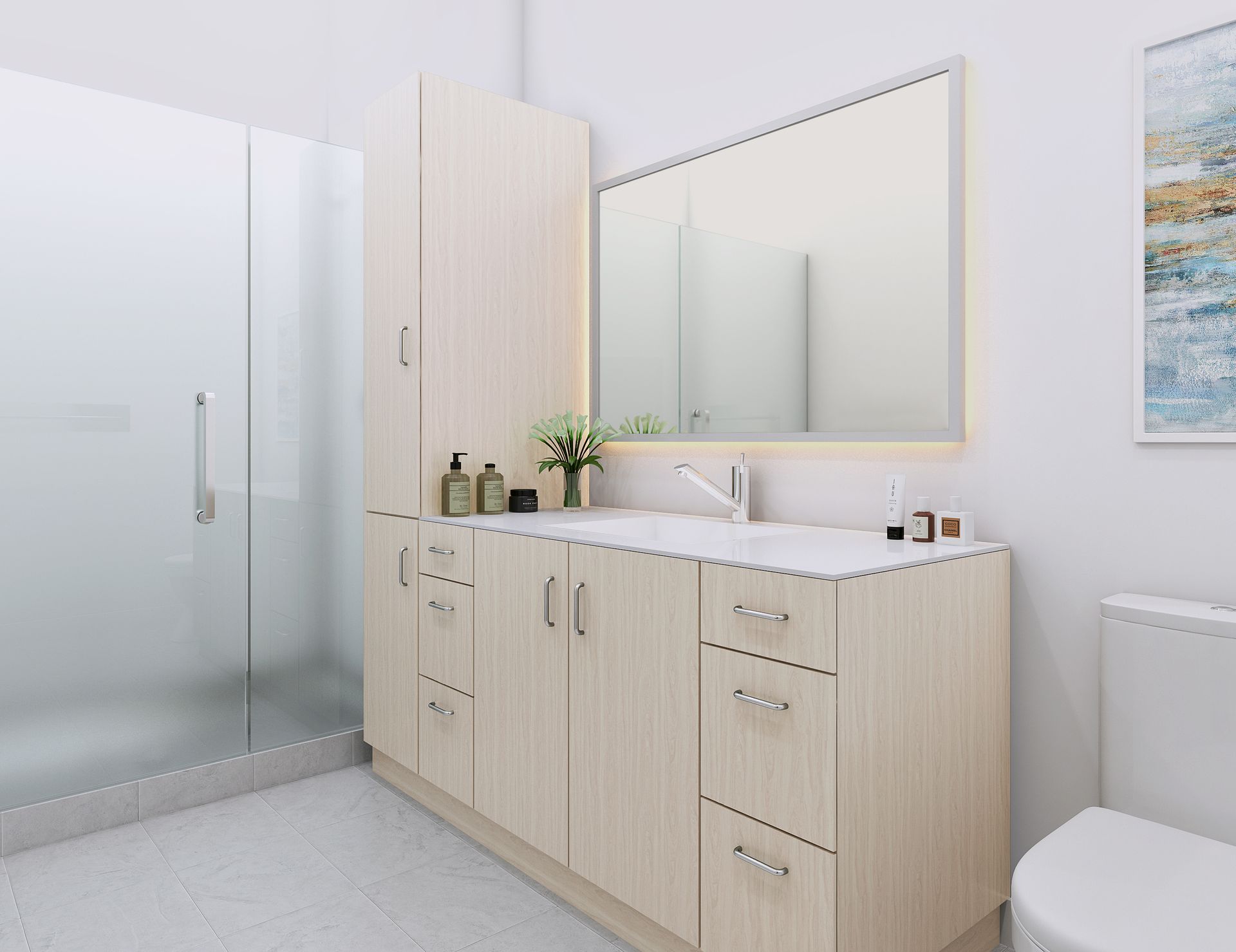 Modern bathroom with a light-colored vanity, large mirror, and shower. A tall cabinet and toilet are visible.