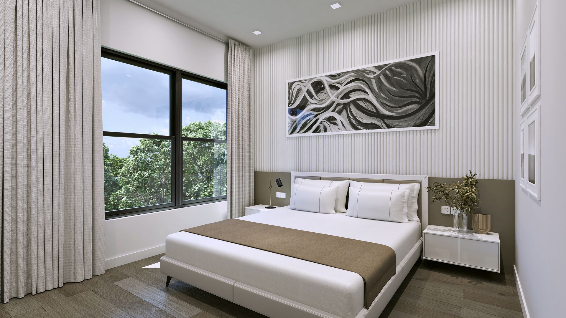 Modern bedroom with a bed, window with trees outside, and a large abstract artwork on the wall.
