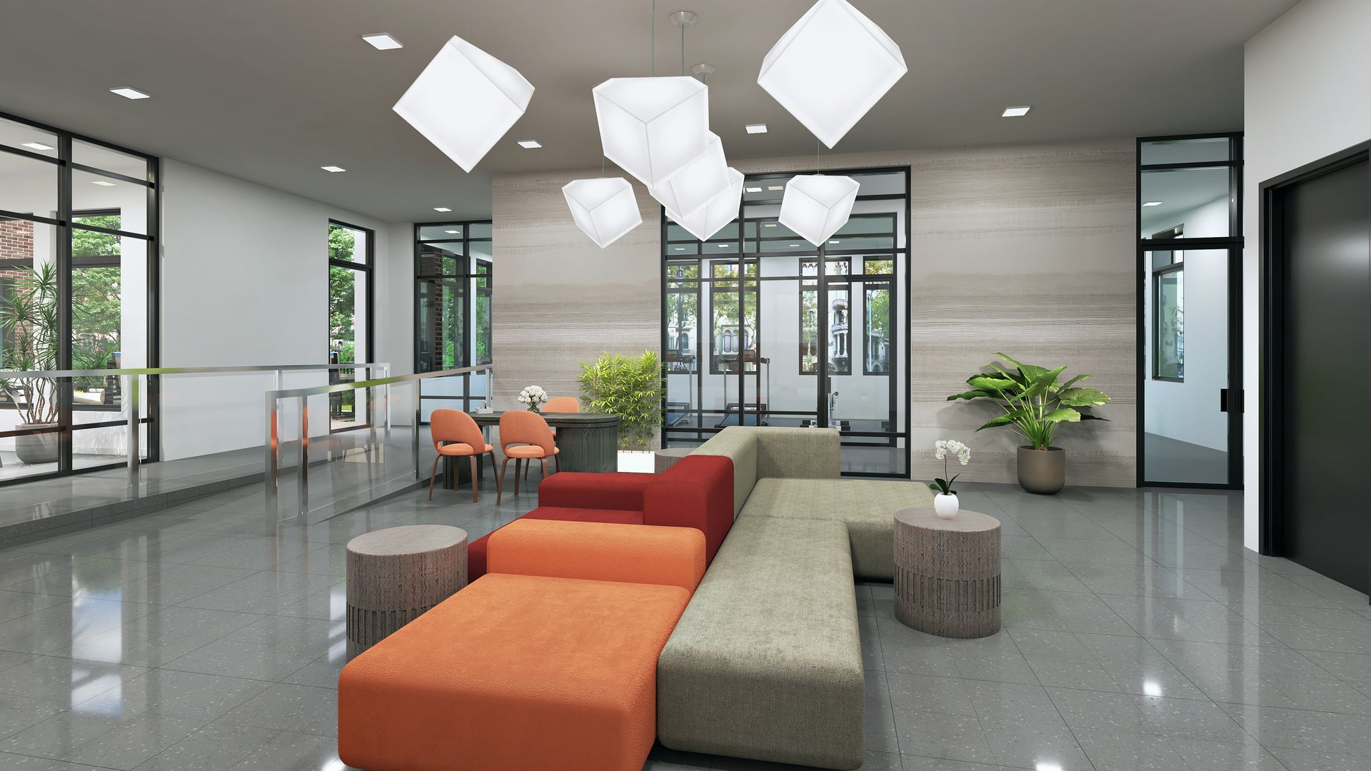 Modern lobby with colorful sectional sofa, floating geometric lights, and floor-to-ceiling windows.