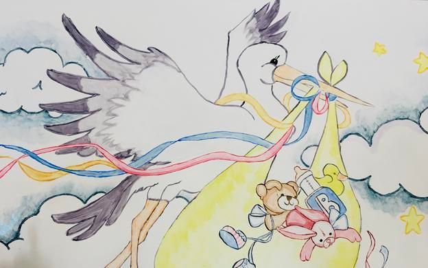 A drawing of a stork carrying a baby and a teddy bear