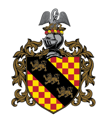 A coat of arms featuring a black diagonal stripe with three gold lions over a red and gold checkered background.