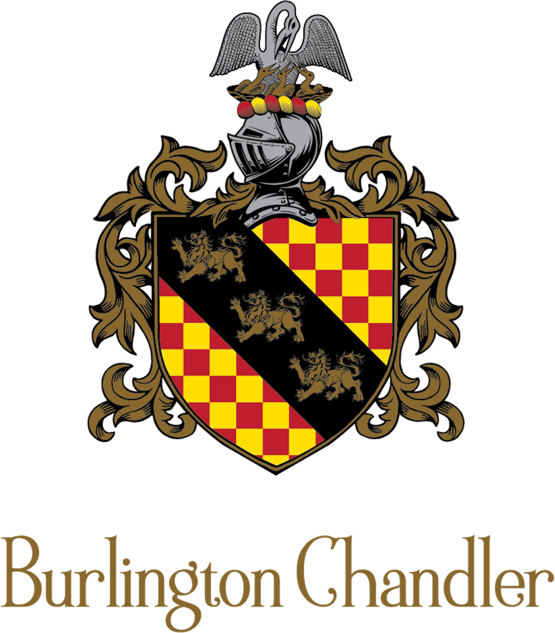 Burlington Chandler logo featuring a coat of arms with a shield of gold and red checks, three lions, and a knight’s helmet.