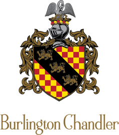 Burlington Chandler logo featuring a coat of arms with a shield of gold and red checks, three lions, and a knight’s helmet.