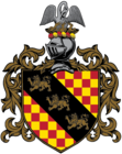 Coat of arms with a black diagonal band featuring three golden lions, set against a red and gold checkered background.