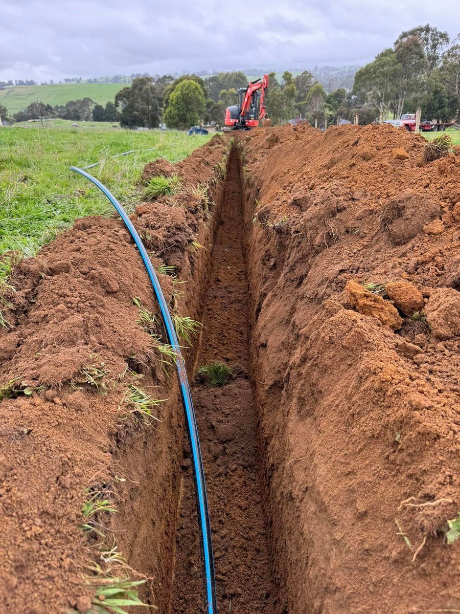 A blue pipe is being installed in a trench in the dirt.