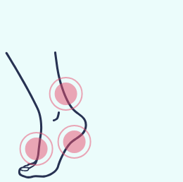A drawing of a person 's foot with pink circles around it.