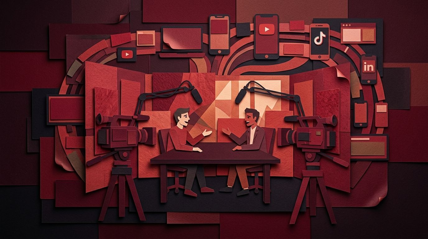 Stylized red control room with two people at desks, monitors, and a central glowing screen