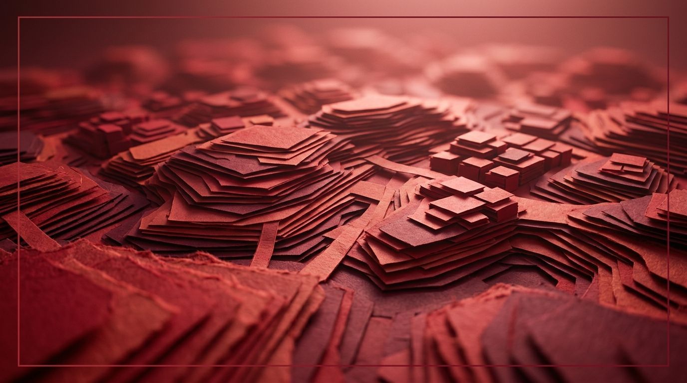 Eine stilisierte, monochrome rote topografische Karte mit geschichteten, blockartigen Geländeerhebungen und tiefen Schatten.