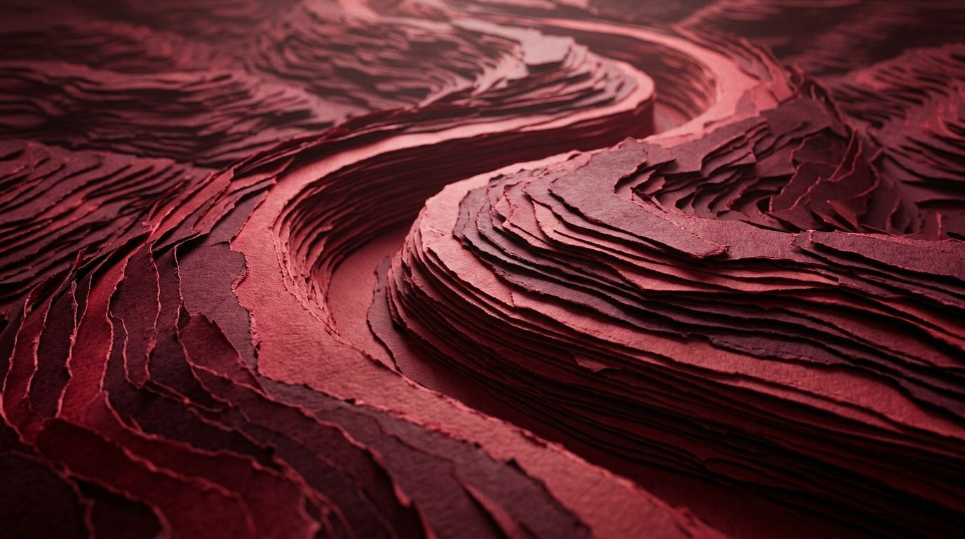Eine Draufsicht auf eine rote, geschichtete Canyonlandschaft mit einem gewundenen Flusstal, das in das strukturierte Gelände eingeschnitten ist.