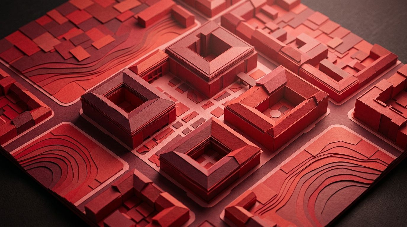 Ein dreidimensionales Architekturmodell eines Stadtblocks mit Hofgebäuden, dargestellt in monochromen Rottönen.