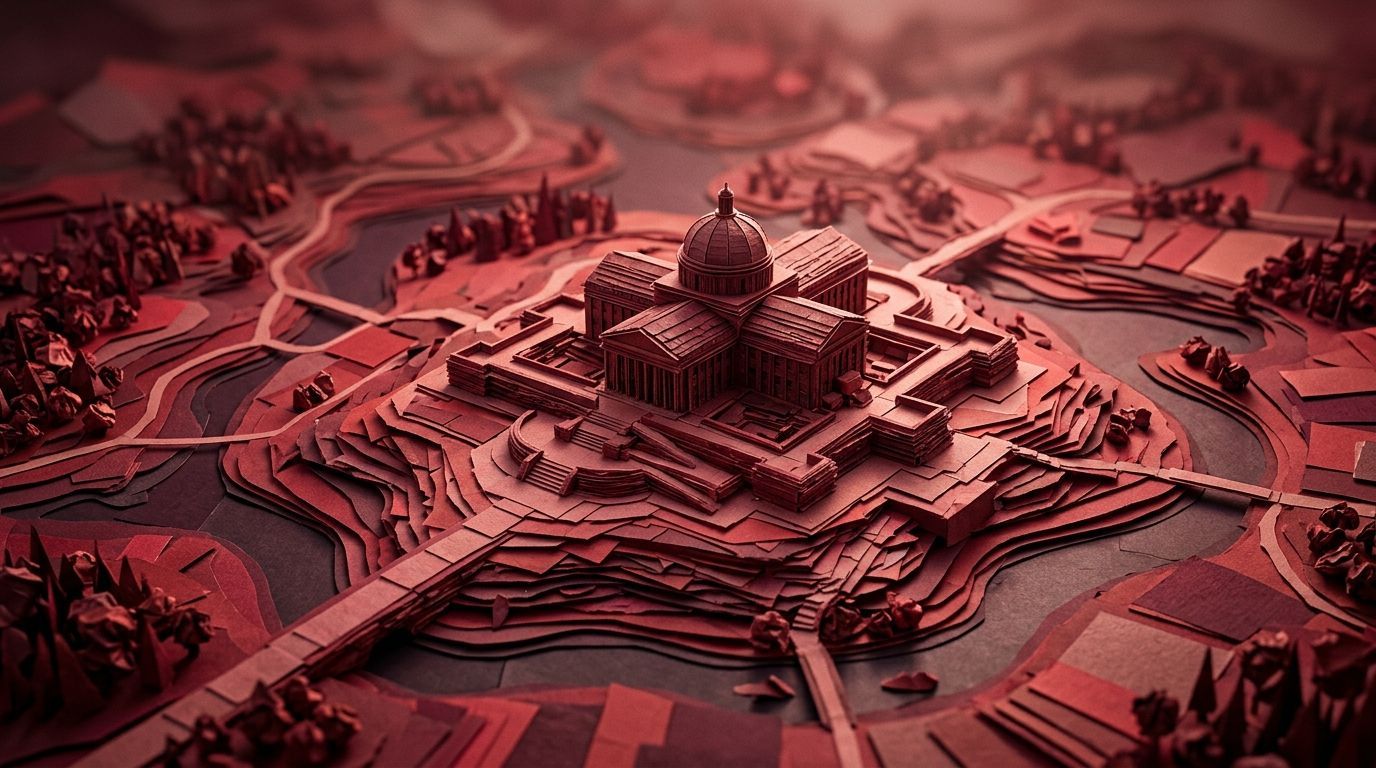 Eine stilisierte rote Voxel-Kunstlandschaft mit einem großen, zentralen Kuppelgebäude, das von Flüssen, Brücken und Wäldern umgeben ist.