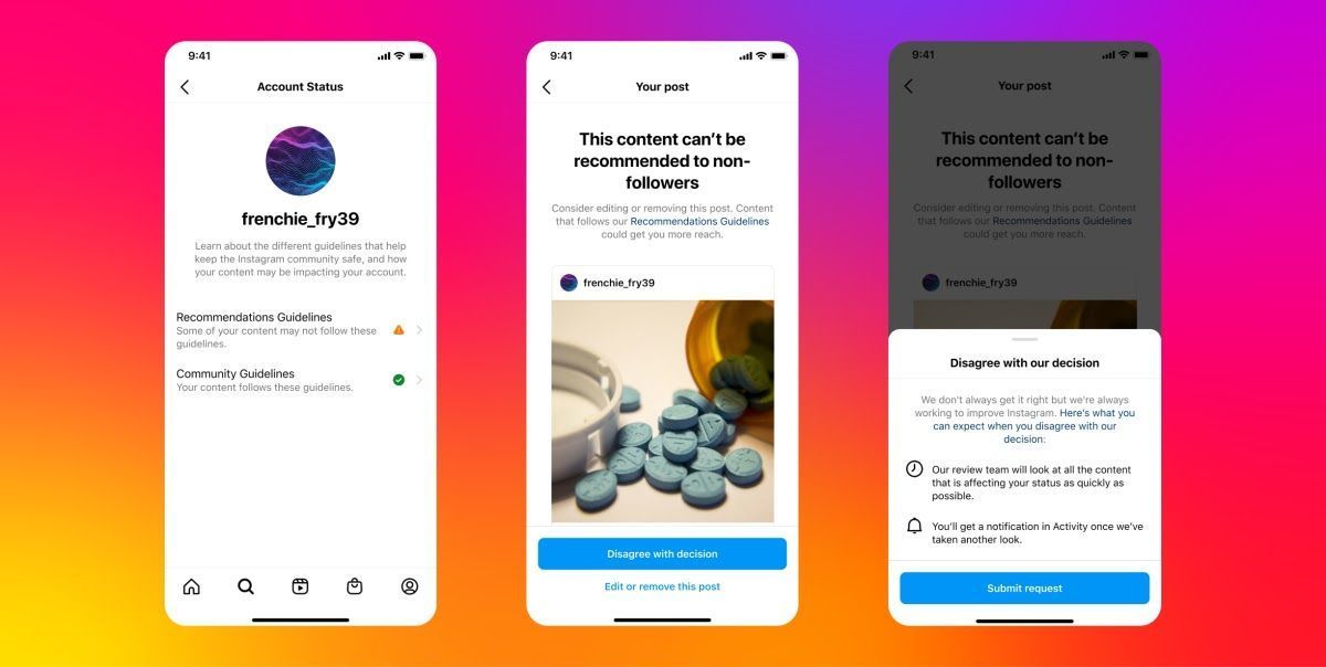 Drei Instagram-Screenshots zeigen einen Profilhinweis zu nicht verifizierten, potenziell gefährlichen gesundheitsbezogenen Inhalten.