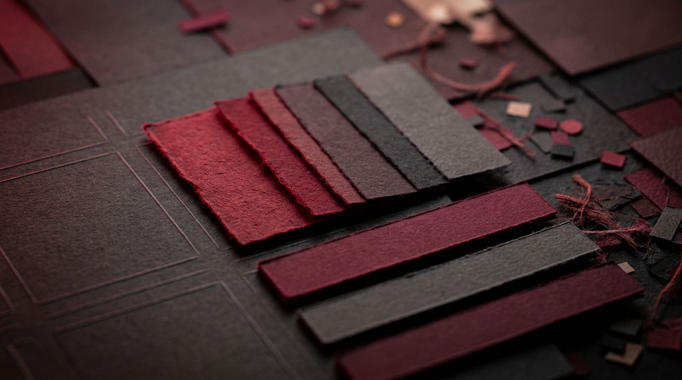 Eine Kollektion von strukturierten, rechteckigen Stoff- oder Papiermustern in verschiedenen Schattierungen von Tiefrot, Kastanienbraun und Dunkelgrau.