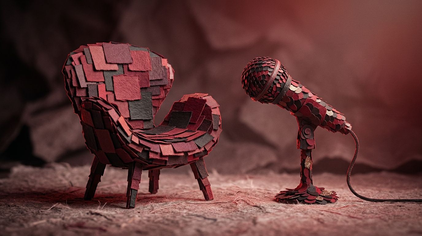 Auf einer strukturierten, schwach beleuchteten Fläche stehen ein Sessel und ein Mikrofon aus roten und schwarzen Mosaikfliesen.