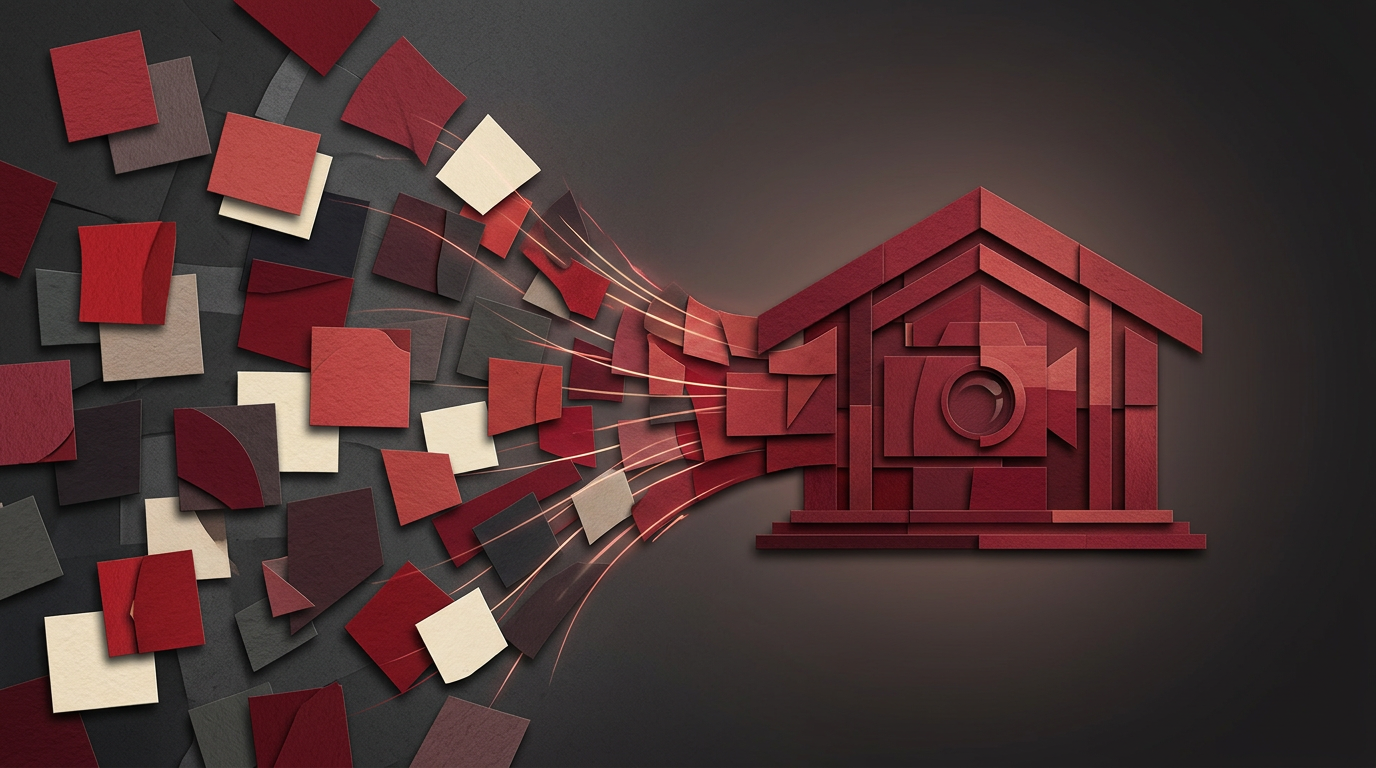 Rote Fliesen oder Blöcke fließen von einer verstreuten Ansammlung aus und fügen sich vor einem dunklen Hintergrund zu der Form eines Hauses zusammen.