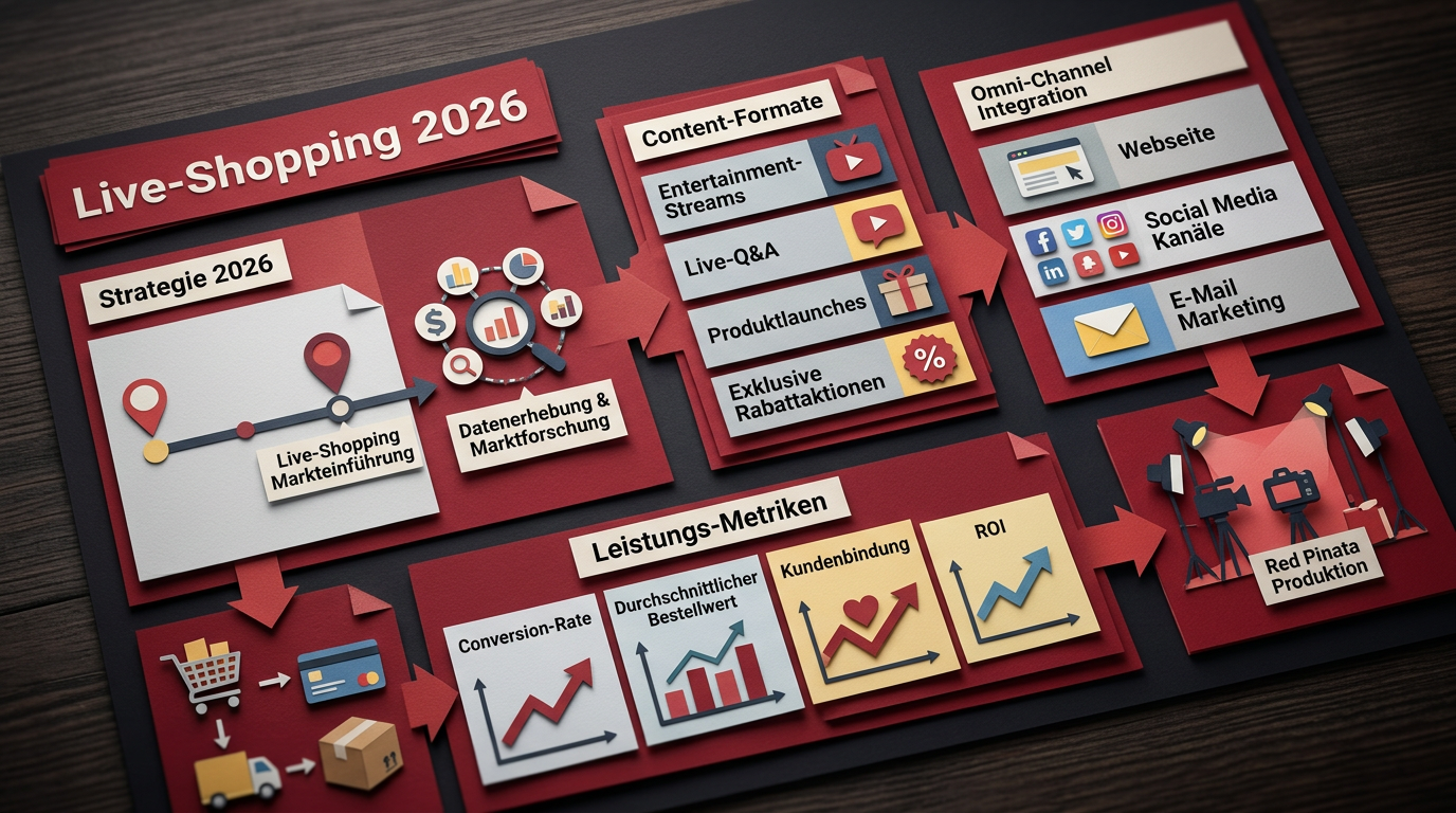 Eine Infografik mit dem Titel „Live-Shopping 2026“ auf dunklem Hintergrund, die Markttrends, Vertriebskanäle und Lieferprozesse zeigt.