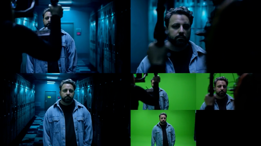 Split-Screen-Ansicht: Ein Mann in einem Jeanshemd vor einem Greenscreen-Set, im Vergleich zur finalen, bearbeiteten Filmszene.
