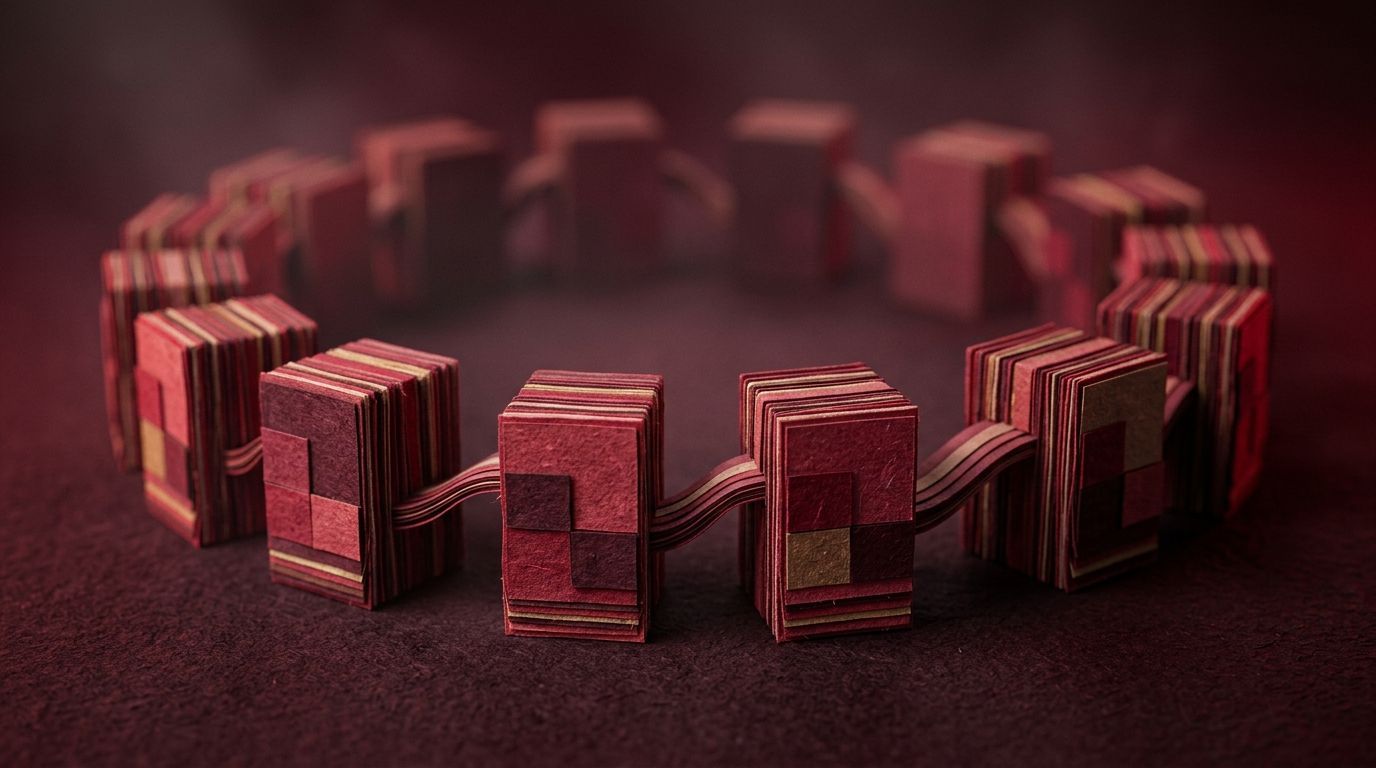 Eine kreisförmige Halskette aus übereinanderliegenden, strukturierten, rotbraunen Holzblöcken, die auf einem dunklen Hintergrund aufgereiht sind.