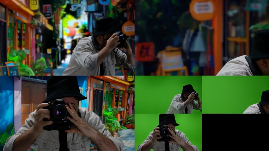 Eine Collage zeigt eine Person mit Fischerhut, die in einer farbenfrohen Straßenkulisse vor einem Greenscreen eine Kamera benutzt.