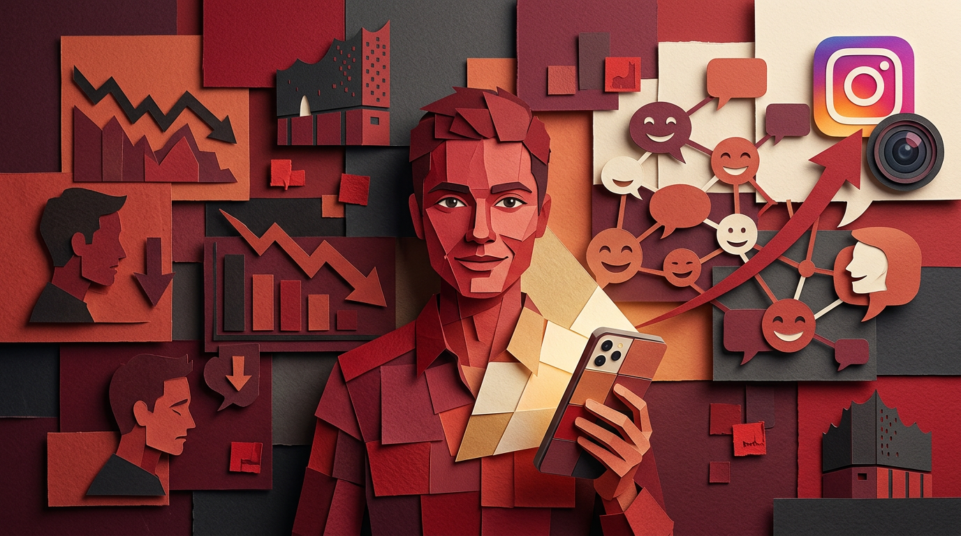 Eine Papiercollage, die eine Person mit einem Telefon zeigt, umgeben von Diagrammen, Social-Media-Symbolen und Pfeilen.