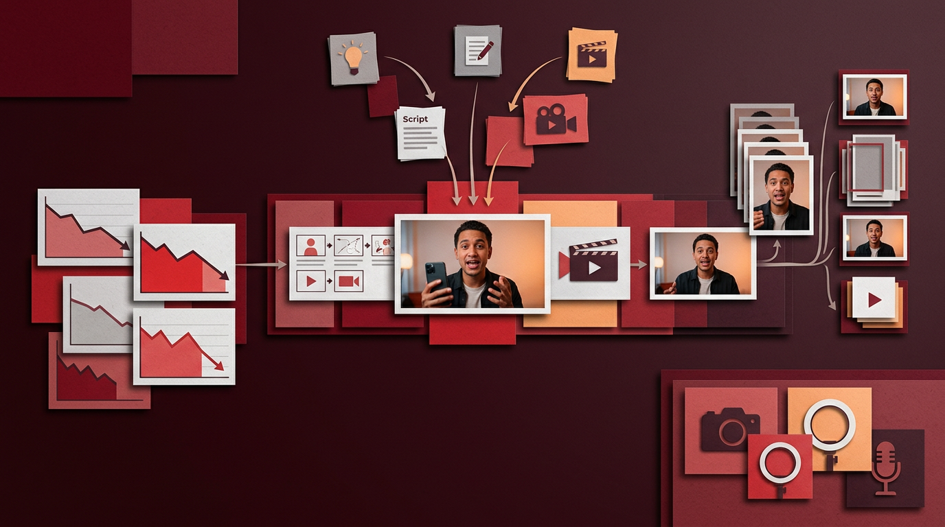 Ein Diagramm mit einer zentralen Person, umgeben von Flussdiagrammen, Videosymbolen, Aktienkursdiagrammen und Ausrüstungsgegenständen, die den Inhalt symbolisieren.