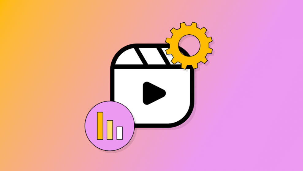 Ein weißes Videosymbol mit einer Wiedergabetaste, einem gelben Zahnrad und einem violetten Kreis mit einem Balkendiagramm auf einem Farbverlaufshintergrund.