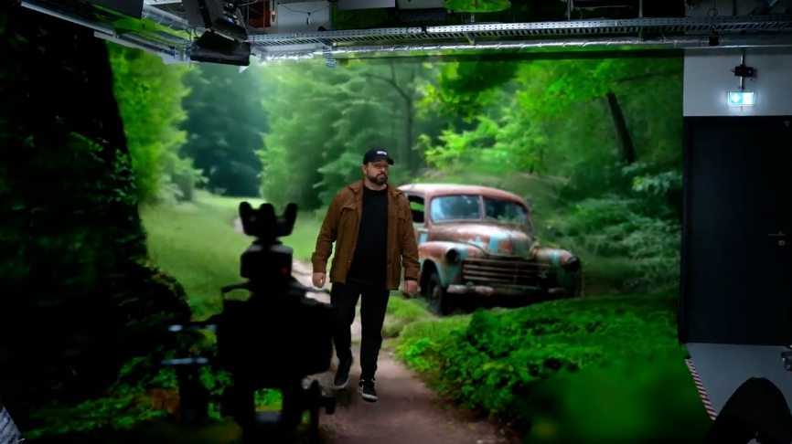 Eine Person geht durch ein Studio-Set, auf dem ein großer LED-Bildschirm einen Wald mit einem alten, verrosteten Auto zeigt.