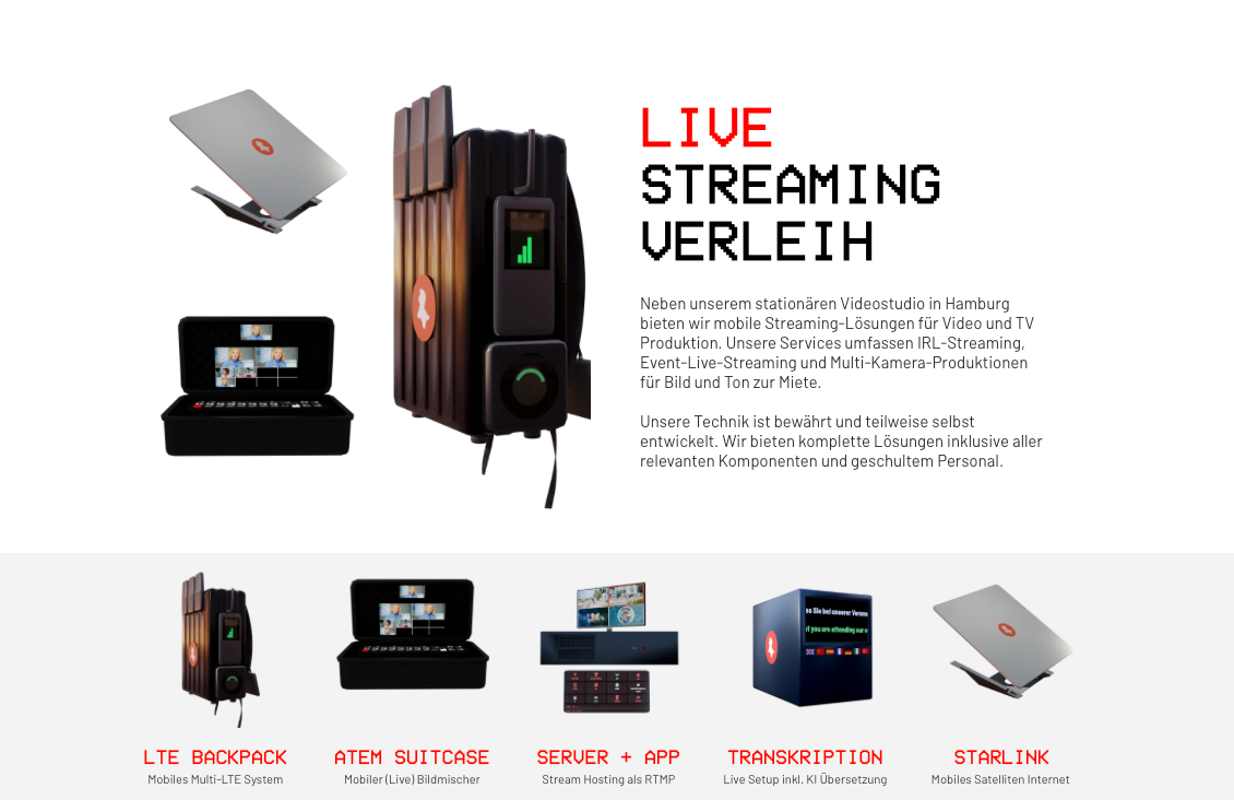 Werbegrafik für die Vermietung von Live-Streaming-Equipment, die verschiedene Geräte wie Encoder, Laptops und Cases zeigt.