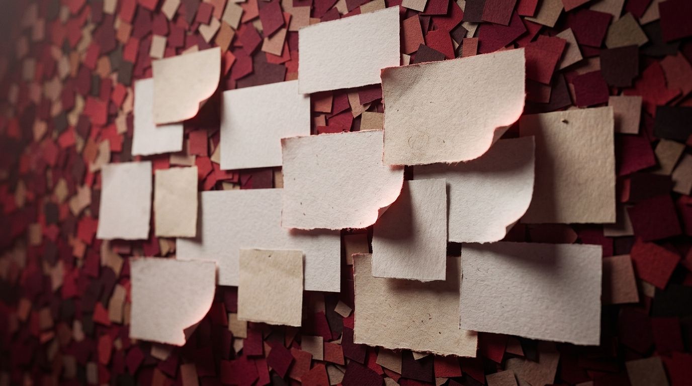 Eine Ansammlung hellfarbiger, leerer Papierrechtecke, die sich auf einem strukturierten Hintergrund aus dunkelroten Papierfetzen überlappen.