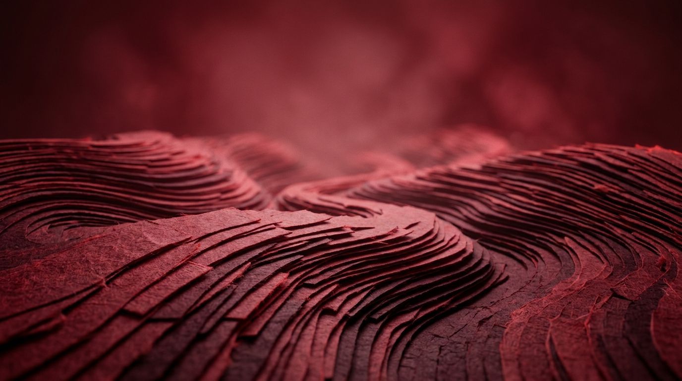 Abstrakte digitale Kunst, die geschichtete, gewellte, purpurrote und dunkelrote Landschaften zeigt, die topografischen Höhenlinien ähneln.