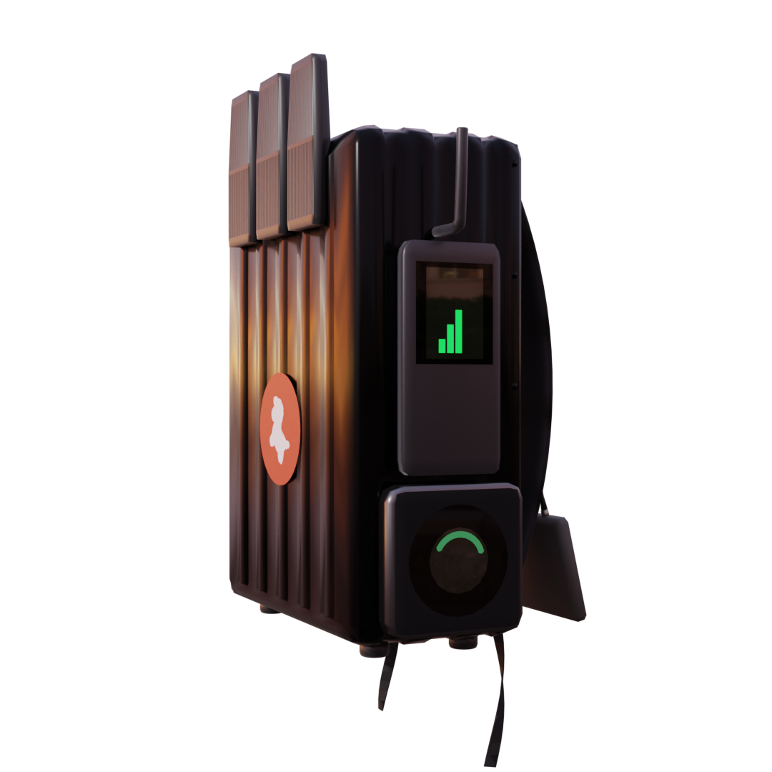 Ein schwarzer Rucksack im Kofferstil mit einem weißen medizinischen Kreuzemblem, einer digitalen Signalbalkenanzeige und einer grünen Leuchte.