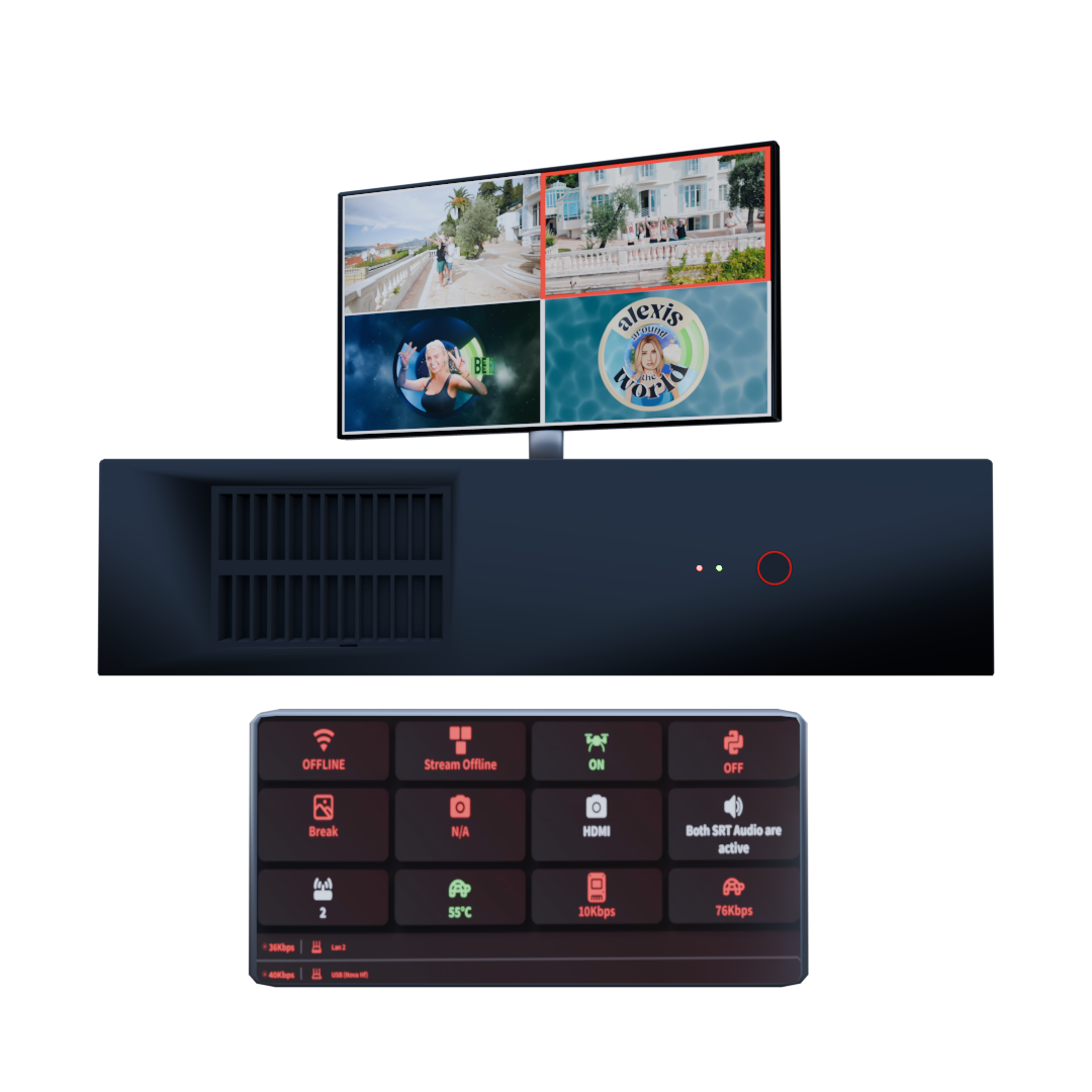 Ein digitales Display mit Vier-Wege-Videoübertragung, eine schwarze Hardwareeinheit und eine Fernbedienung mit beschrifteten roten Navigationstasten.