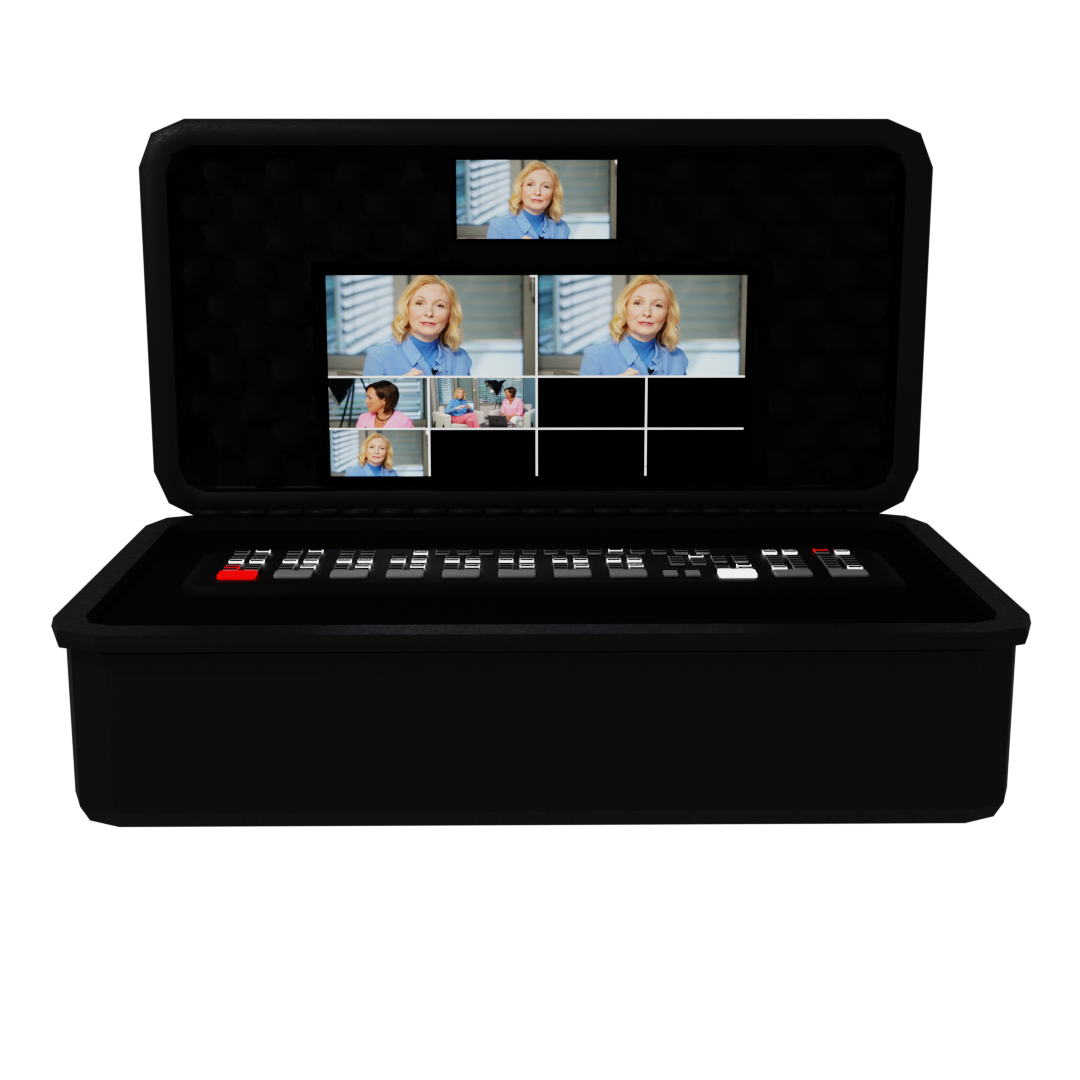 Ein tragbarer Videoproduktionsmischer in einem schwarzen Gehäuse mit mehreren Kamera-Vorschaubildschirmen und Bedienknöpfen.