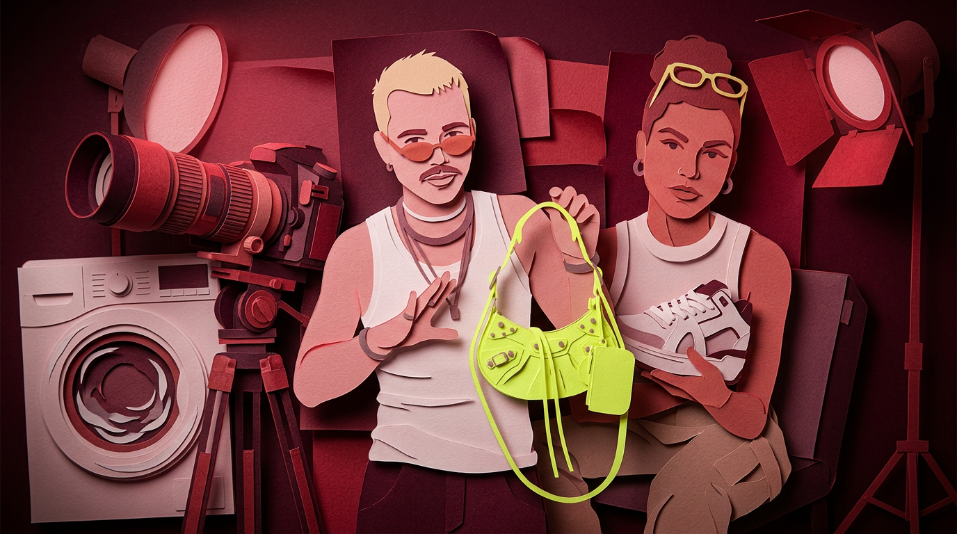 Zwei Personen in einem Studio, eine mit einer leuchtend gelben Handtasche, die andere mit einem weißen Turnschuh, in rotes Licht getaucht.