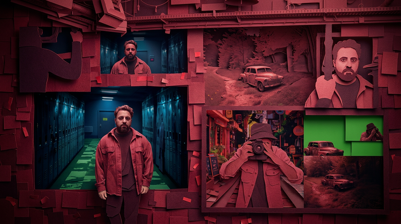 Eine Collage, die eine Person in einem roten Hemd vor einem strukturierten roten Hintergrund zeigt, mit Szenen eines Autos, eines Fotografen und von Korridoren.