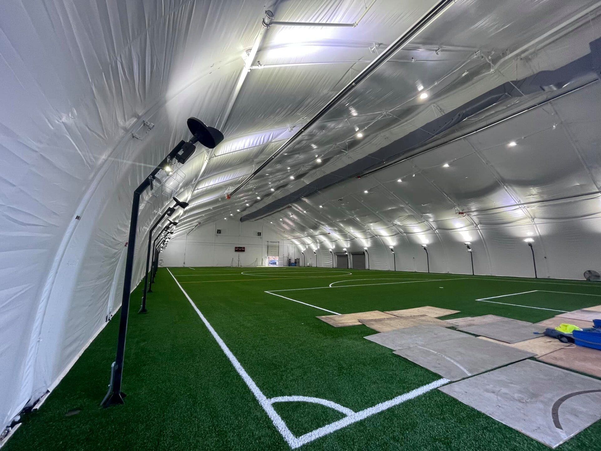 Indoor soccer arena with PVC-coated fabric painted white for a fresh, clean look