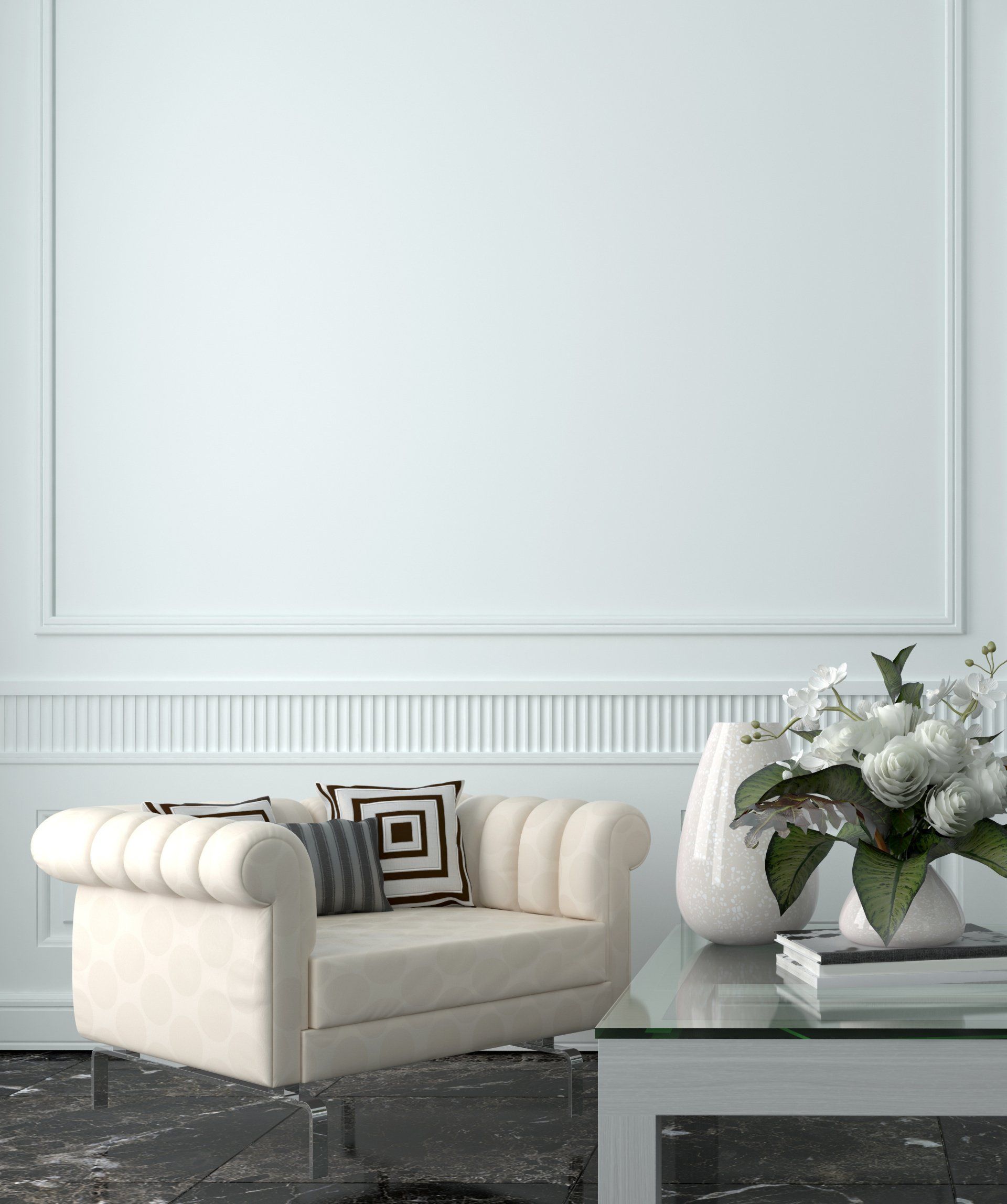 Wainscoted walls painted light blue by a painting company