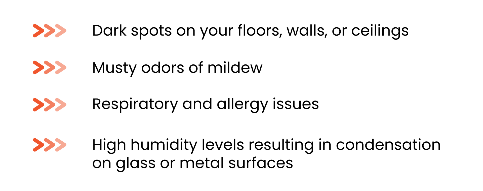 A list of signs of humidity including dark spots on your floors , walls , or ceilings.