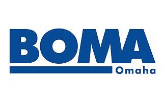 A blue and white logo for boma omaha on a white background.
