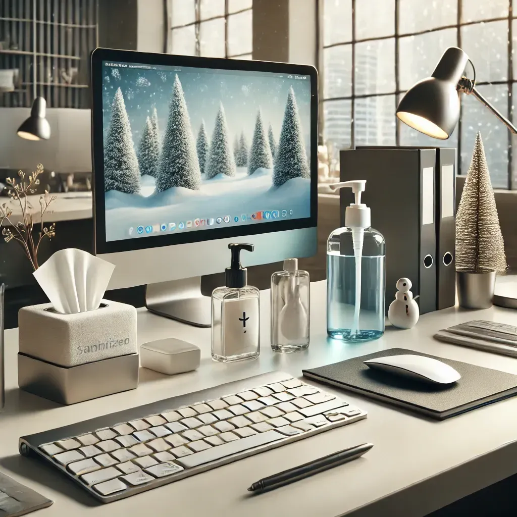 A desk with a computer , keyboard , mouse and tissues on it.