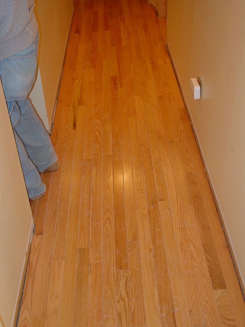Person walking on light wood floor in hallway with beige walls.