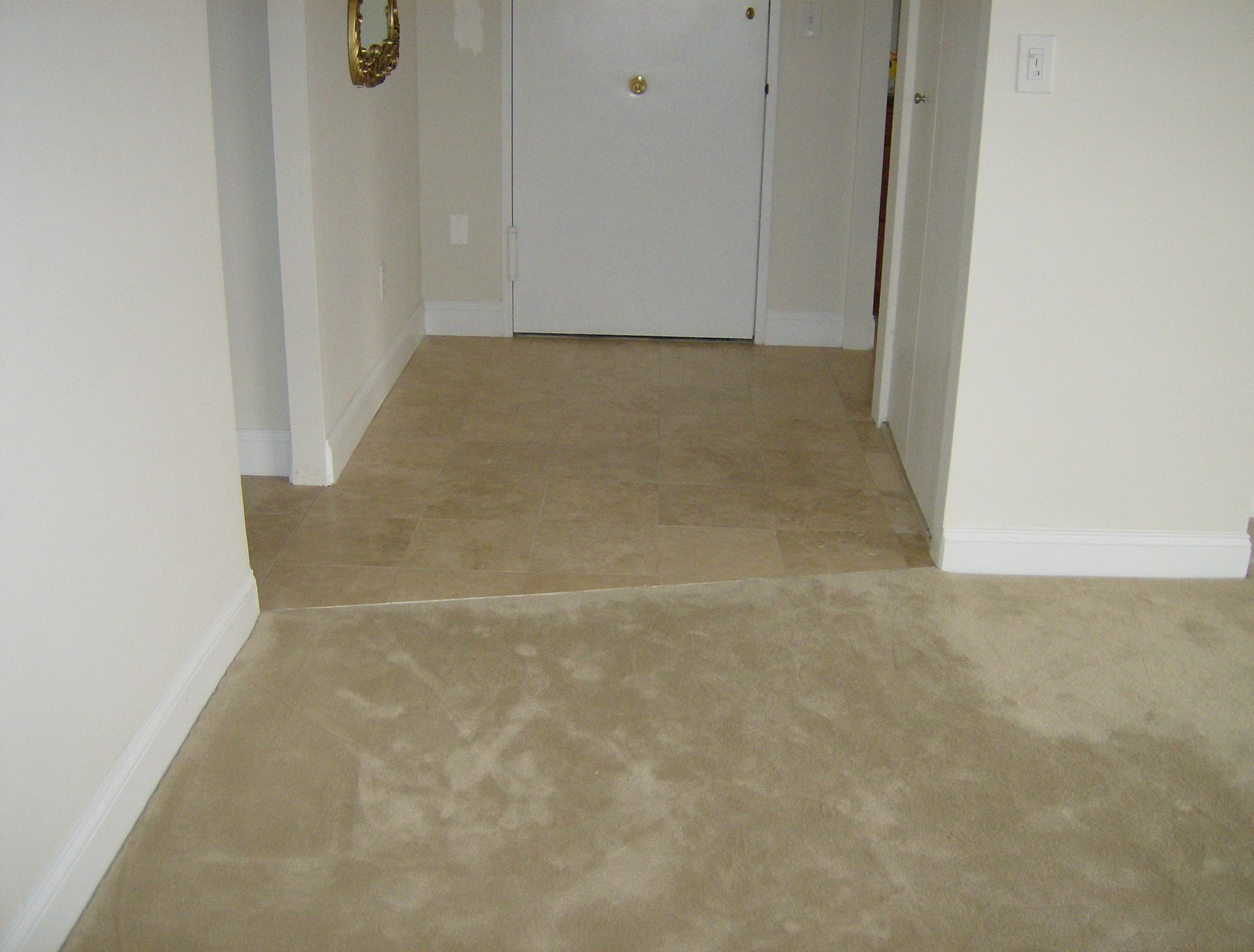 Beige carpeted hallway with closed white door, white walls and trim.
