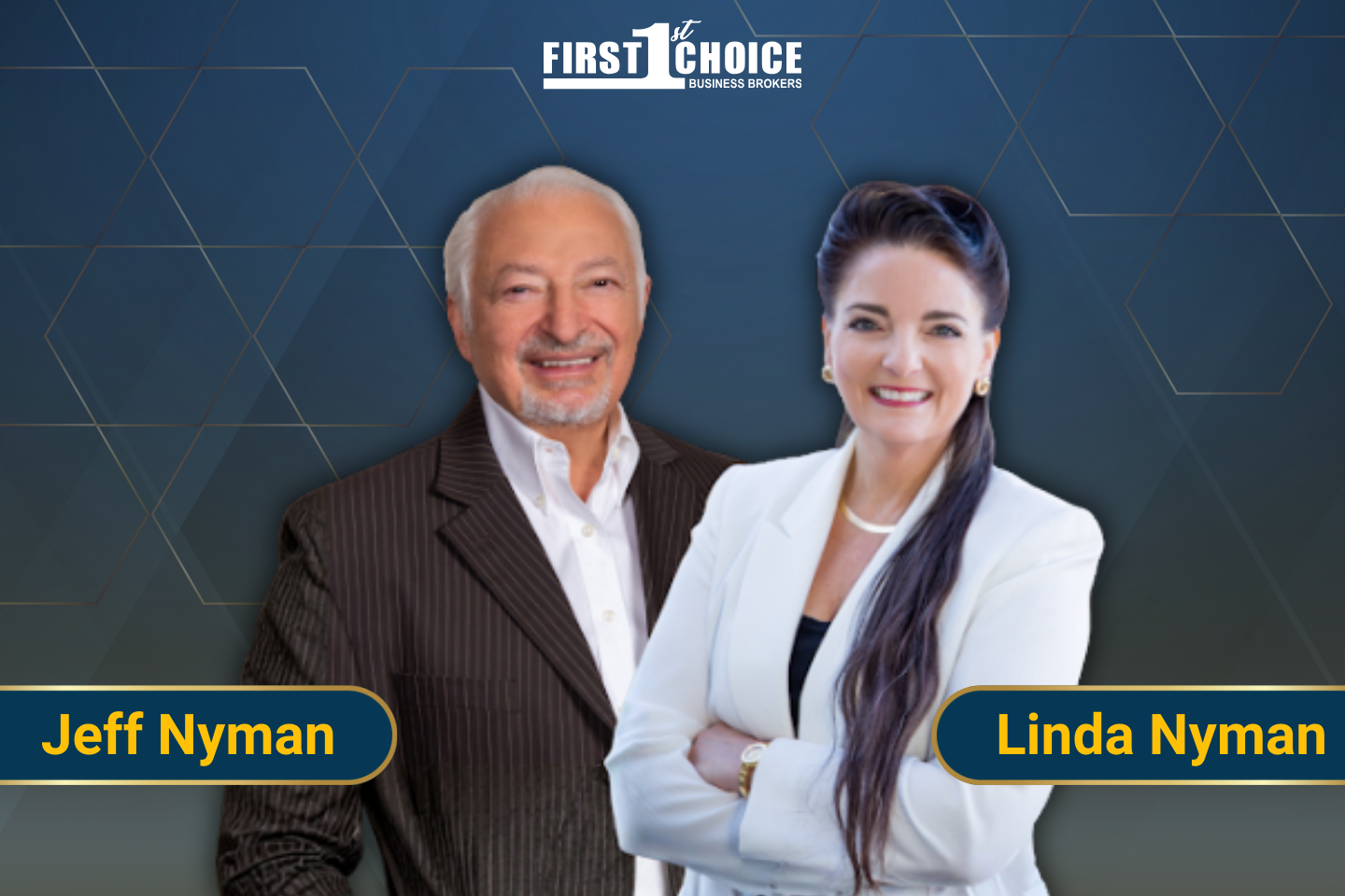Jeff and Linda smiling, posed in front of a blue background. Jeff in suit jacket, Linda in white blazer.
