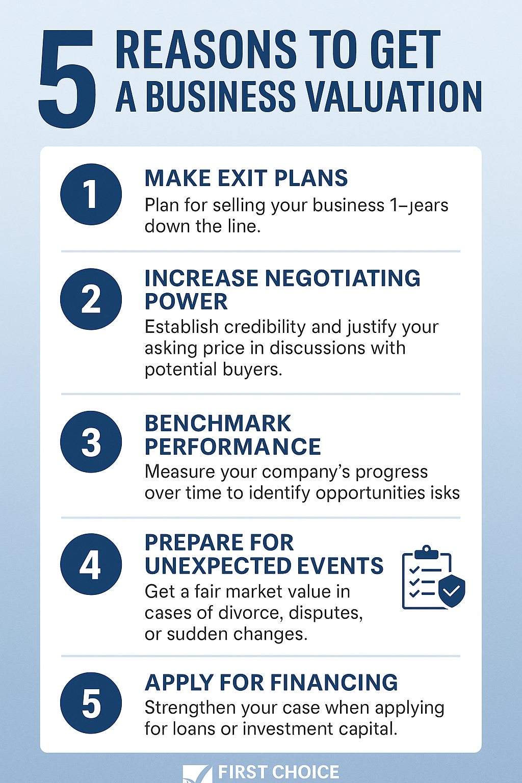 There are five reasons to get a business valuation.