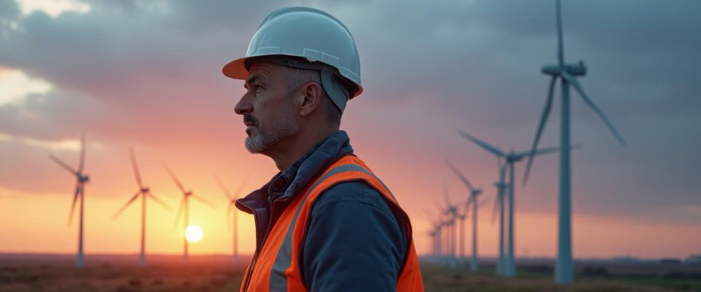 Man in hard hat and safety vest, looking at wind turbines at sunset.