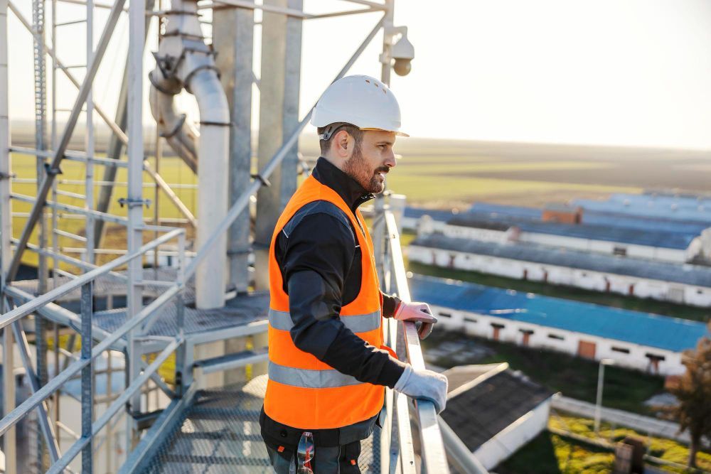 Man in hard hat and safety vest on industrial structure, overlooking rural area.
