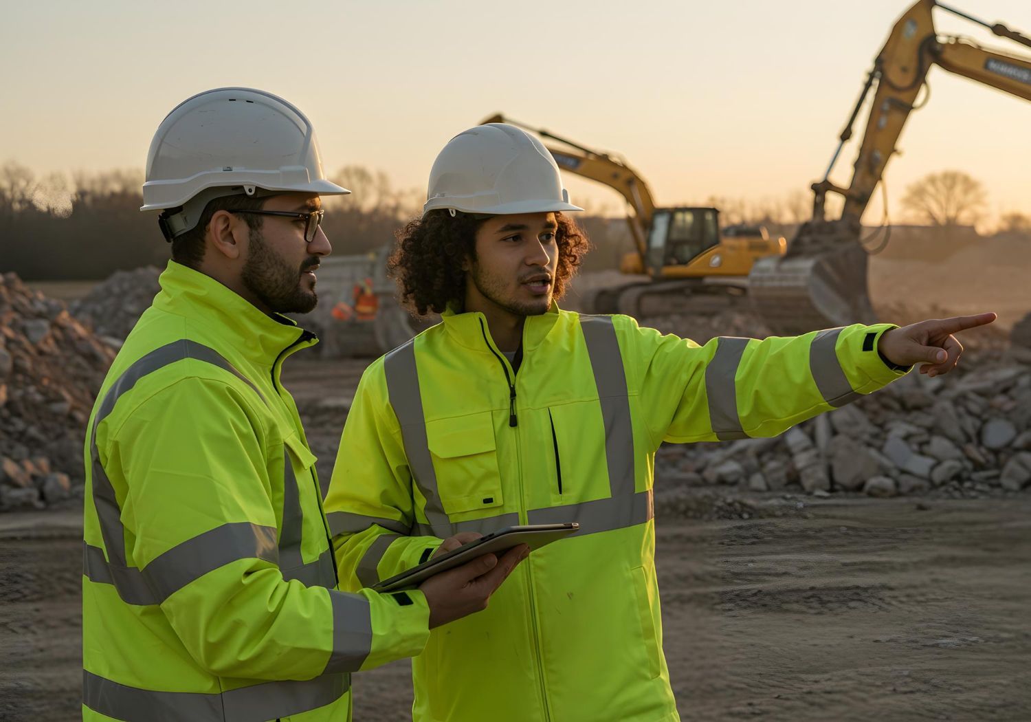 Two construction workers in safety vests and helmets, one pointing, near heavy machinery on a construction site.